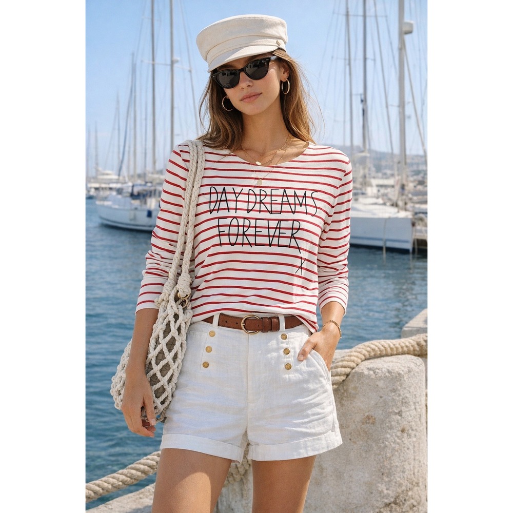 Each x Other Nautical Red White Stripe Graphic Tee Top XS‎ Parisian Chic Preppy